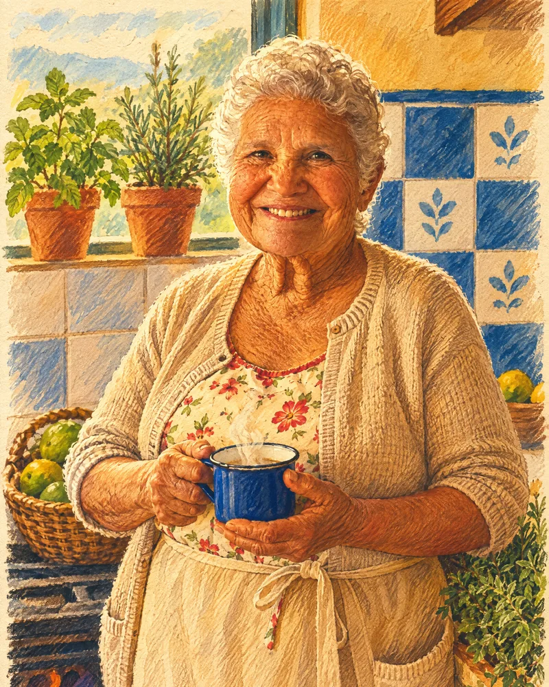 Ilustração da Vó Lourdes segurando uma caneca de chá na cozinha
